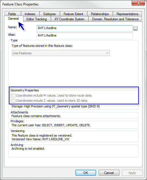 Confirming m- and z-values are disabled for the redline feature class Confirming m- and z-values are disabled for the redline feature class